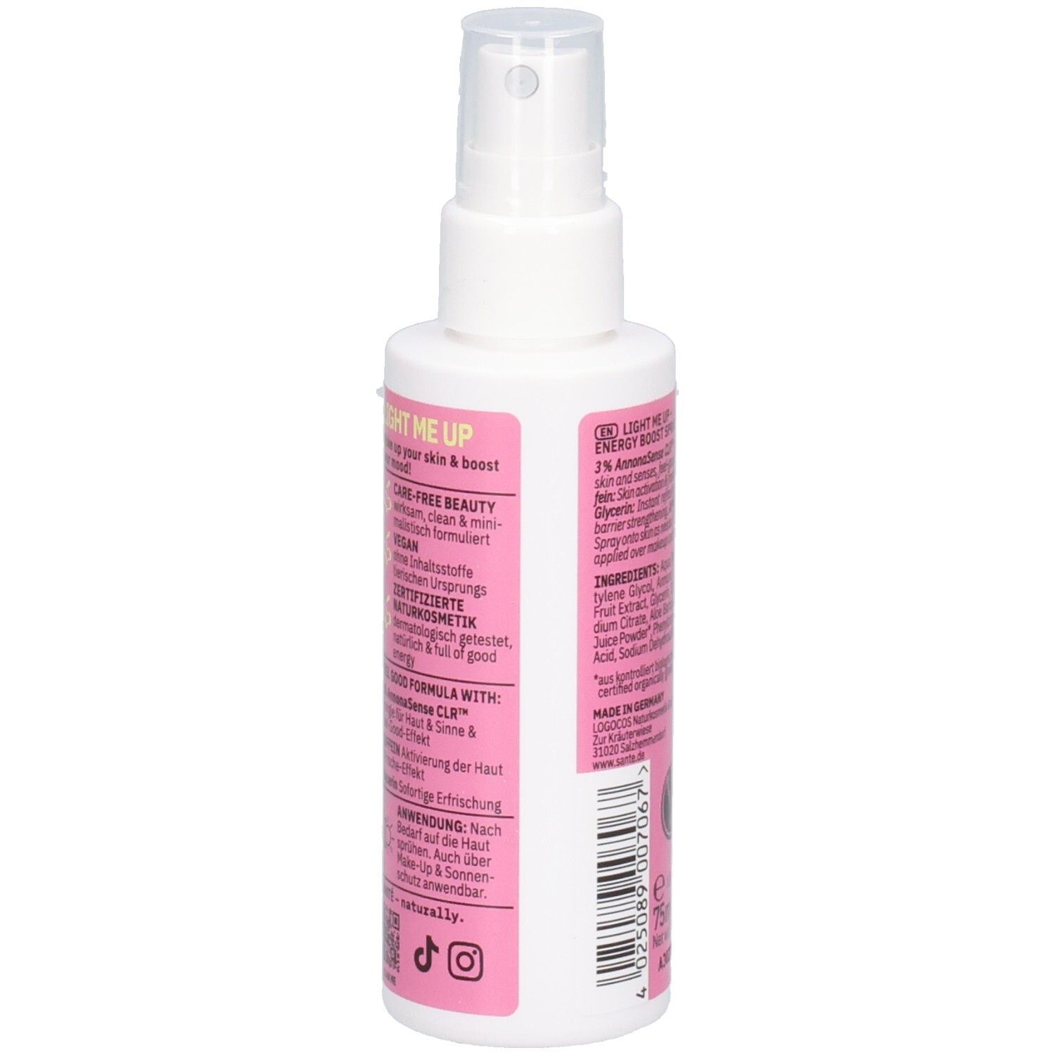 Flacon spray blanc, dos avec texte. Texte: Light Me Up, Care-Free Beauty, Vegan, Cosmétiques naturels certifiés.