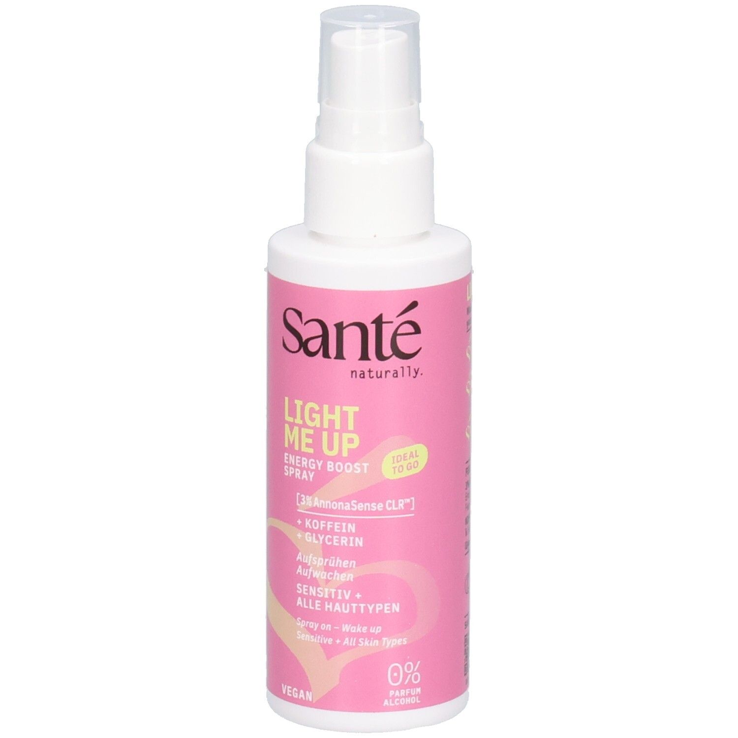 Flacon spray blanc avec étiquette rose. Texte: Sante, Light Me Up Energy Boost Spray, Vegan. Pour tous types de peau.