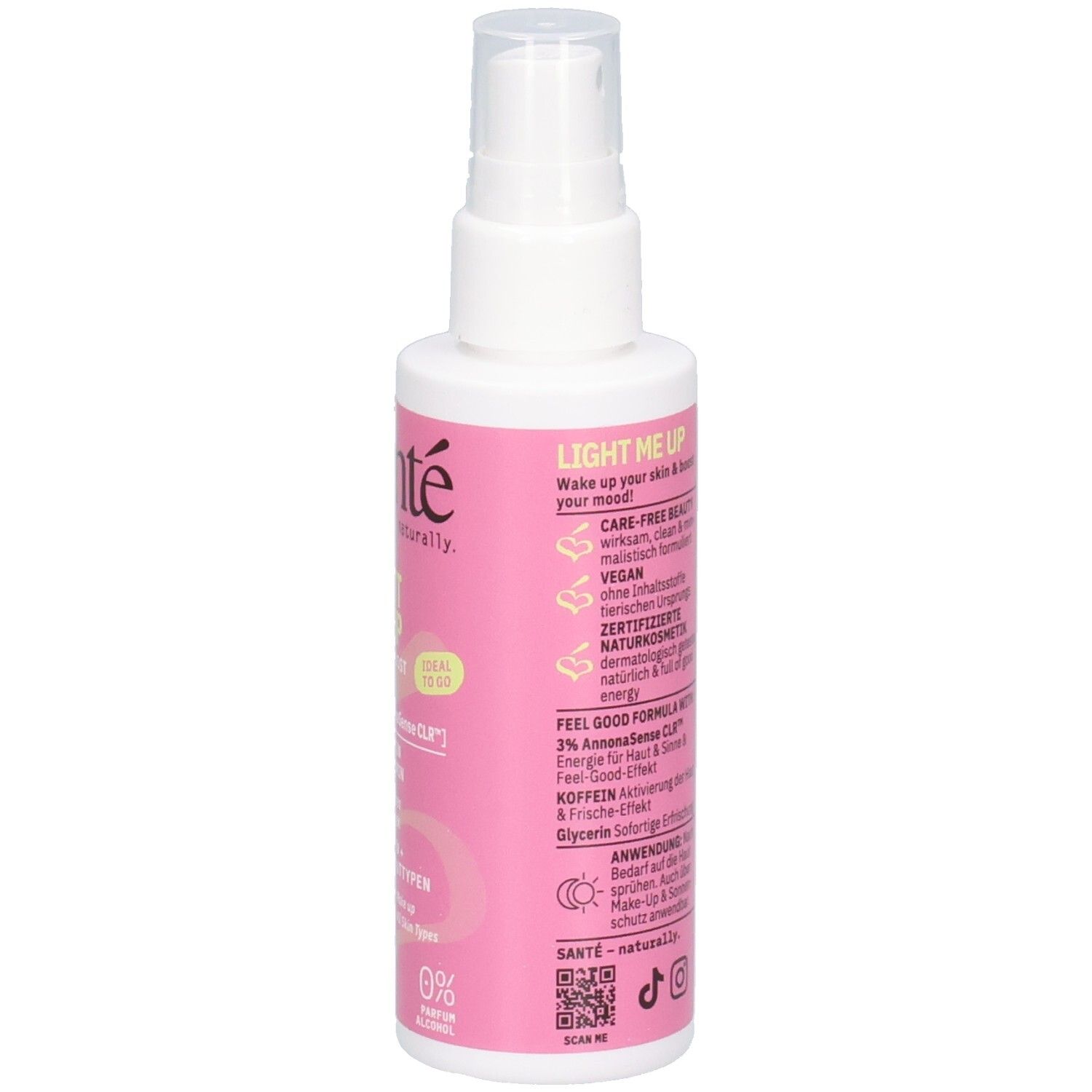 Flacon spray blanc, dos avec texte. Texte: Light Me Up, Care-Free Beauty, Vegan, Cosmétiques naturels certifiés.