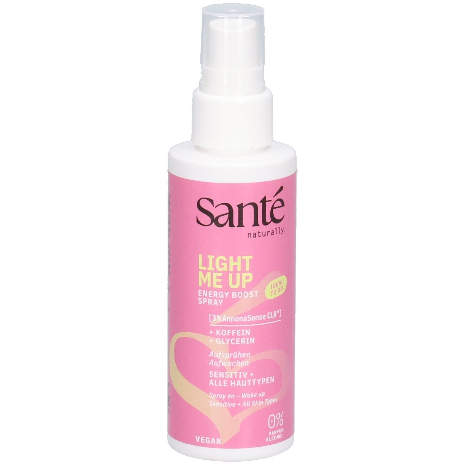 Flacon spray blanc avec étiquette rose. Texte: Sante, Light Me Up Energy Boost Spray, Vegan. Pour tous types de peau.