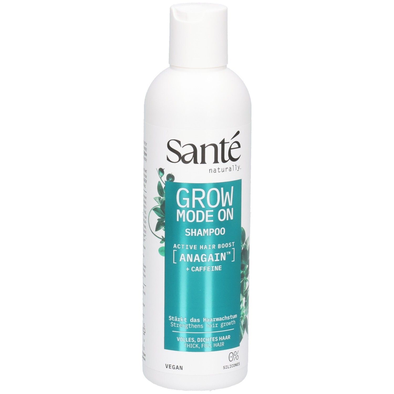 Weiße Flasche mit grünem Etikett. Aufschrift: SANTE, GROW MODE ON Shampoo, ANAGAIN + Koffein. Vegan. 0% Silikone.