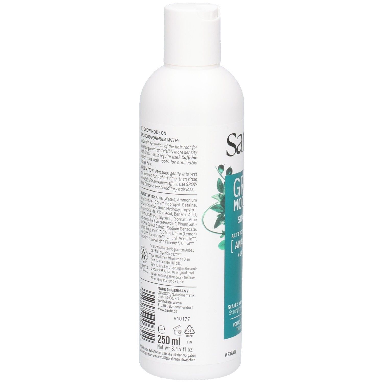 Rückseite der weißen Flasche. Text: Inhaltsstoffe, Anwendung, 250 ml, Made in Germany, Vegan. Mit Zertifizierung.