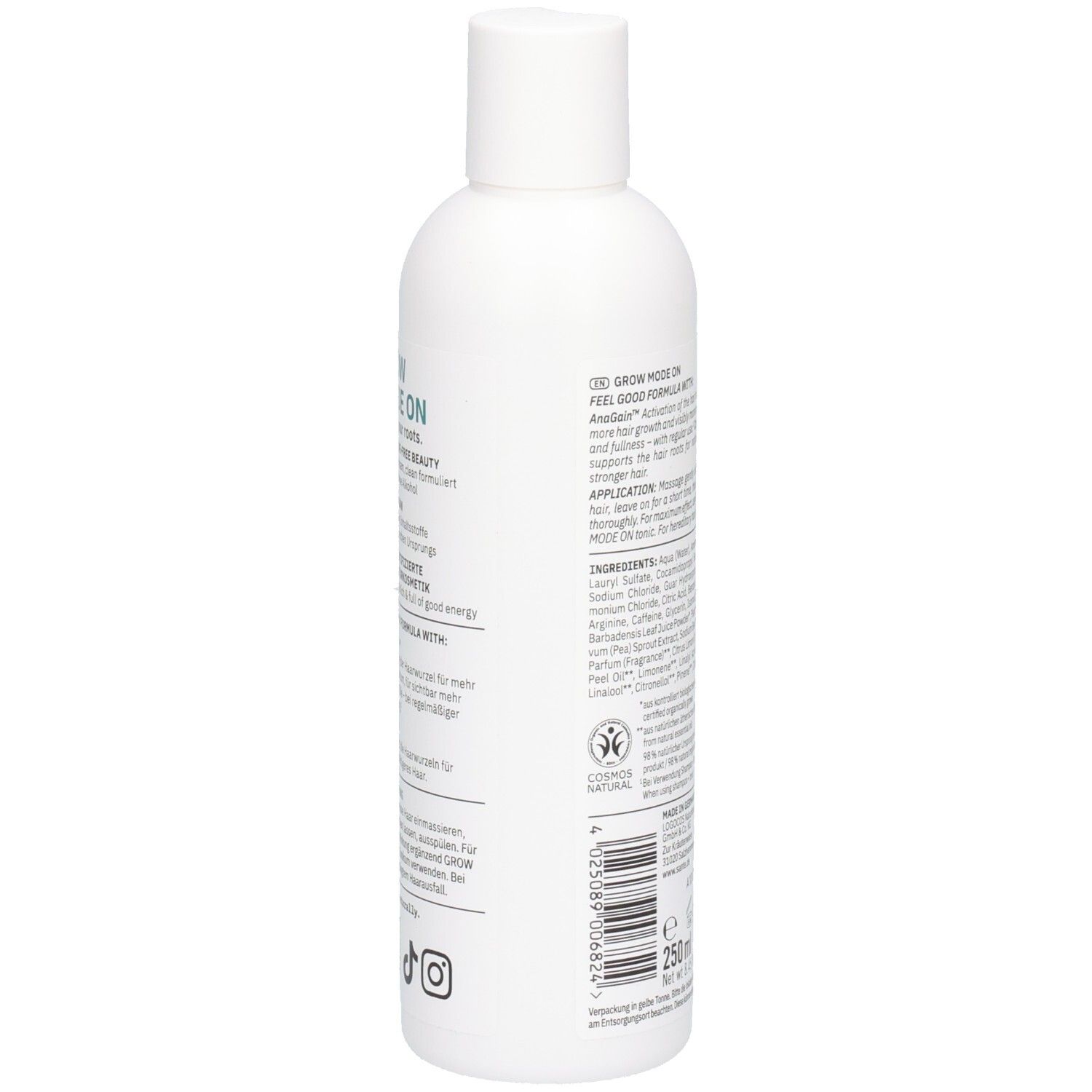 Rückseite der weißen Flasche. Text: Anwendung, Inhaltsstoffe, Vegan, Zertifizierung, 250 ml. Mit QR-Code.