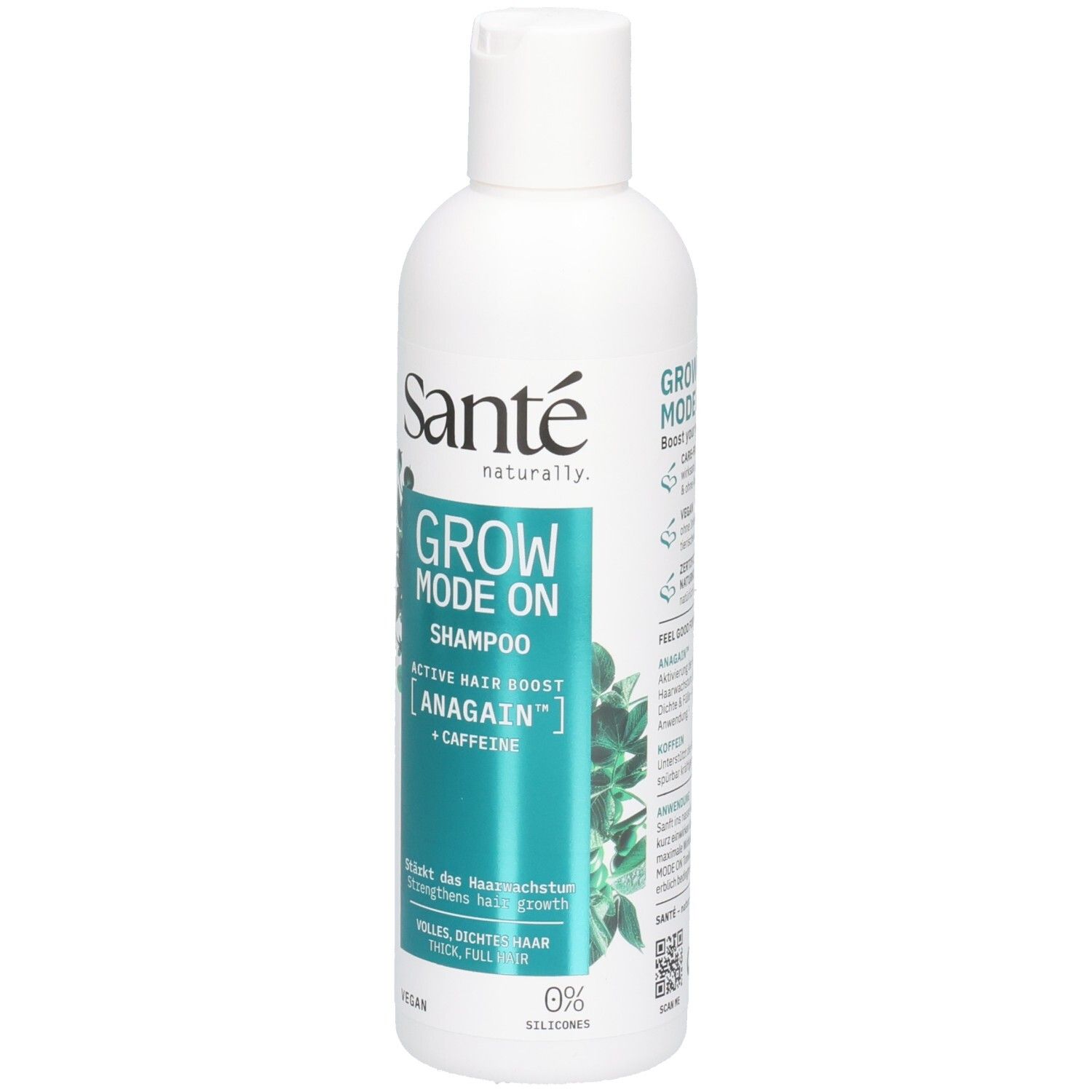 Weiße Flasche mit grünem Etikett. Aufschrift: SANTE, GROW MODE ON Shampoo, ANAGAIN + Koffein. Vegan. 0% Silikone.