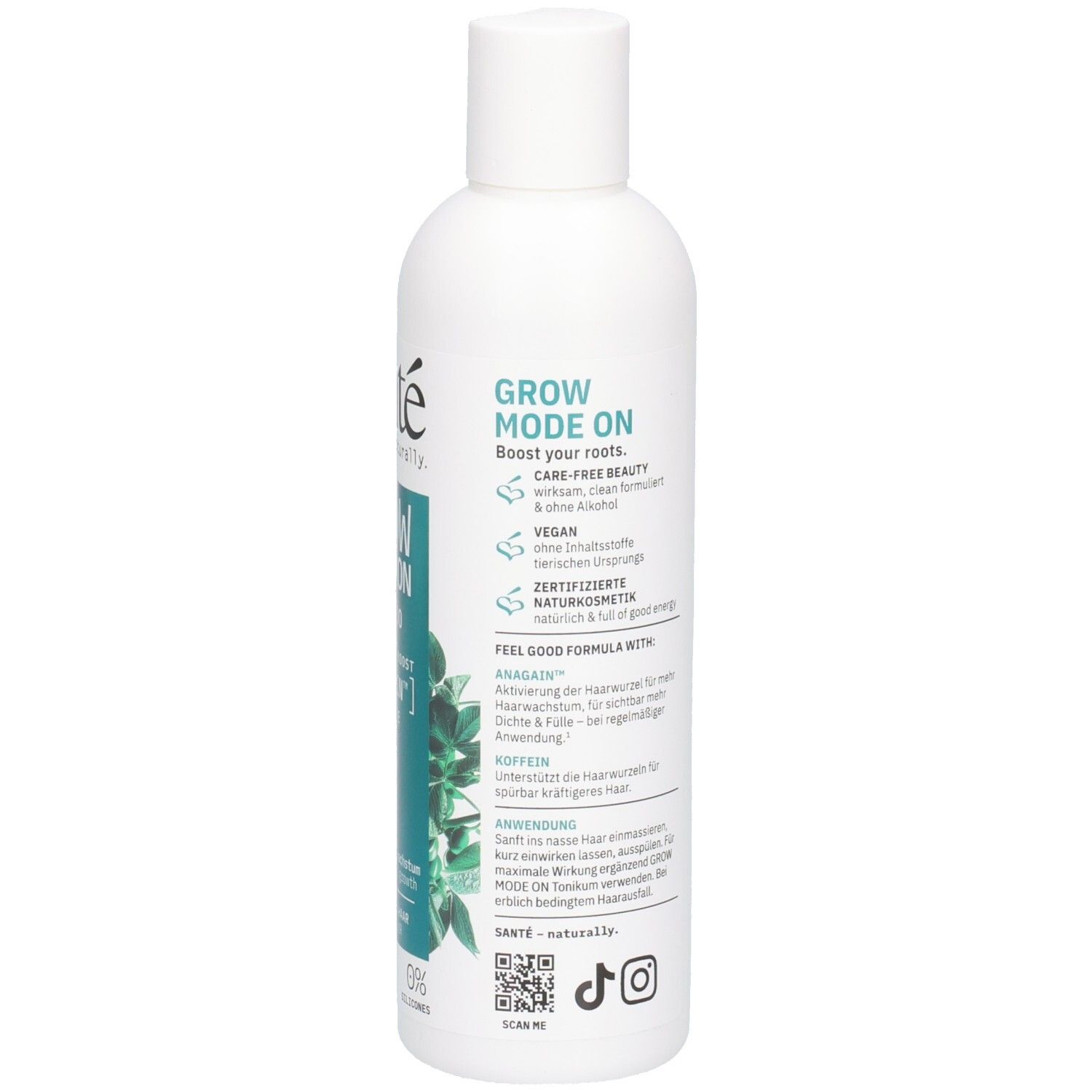 Rückseite der weißen Flasche. Text: Anwendung, Inhaltsstoffe, Vegan, Zertifizierung, 250 ml. Mit QR-Code.