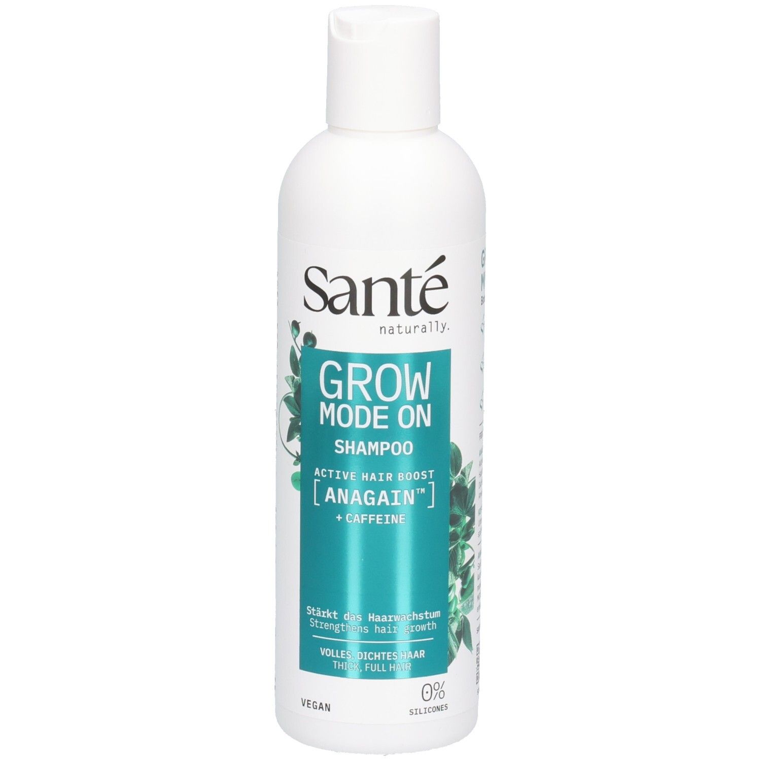 Weiße Flasche mit grünem Etikett. Aufschrift: SANTE, GROW MODE ON Shampoo, ANAGAIN + Koffein. Vegan. 0% Silikone.