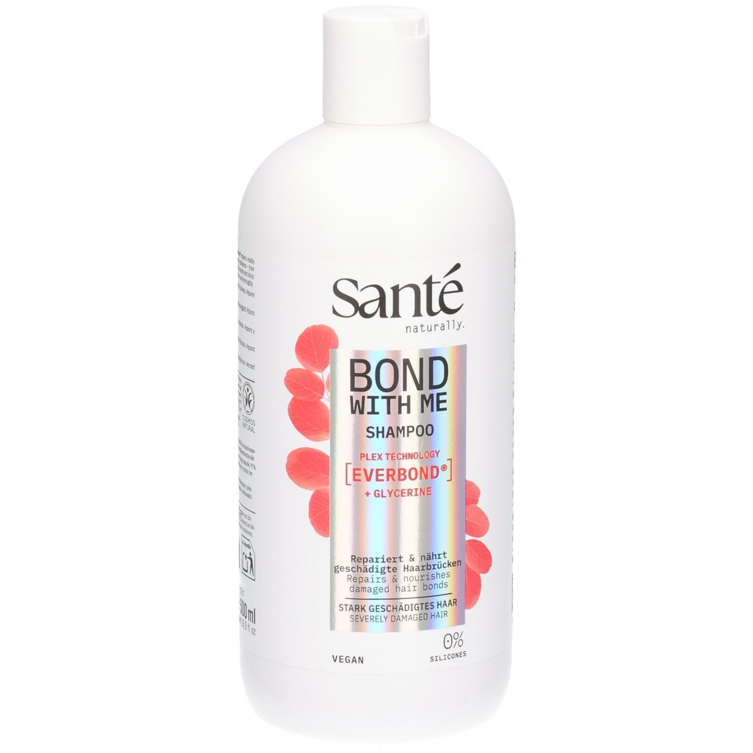 Weiße Flasche Sante Bond With Me Shampoo mit Plex Technologie und Glycerin. Für stark geschädigtes Haar.