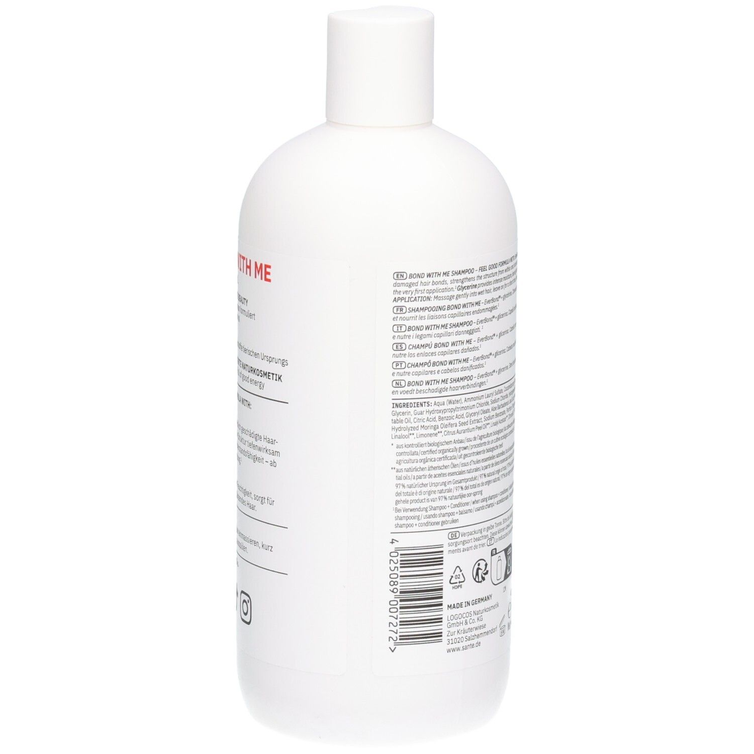 Weiße Flasche mit rotem Schriftzug "BOND WITH ME". Enthält Shampoo.