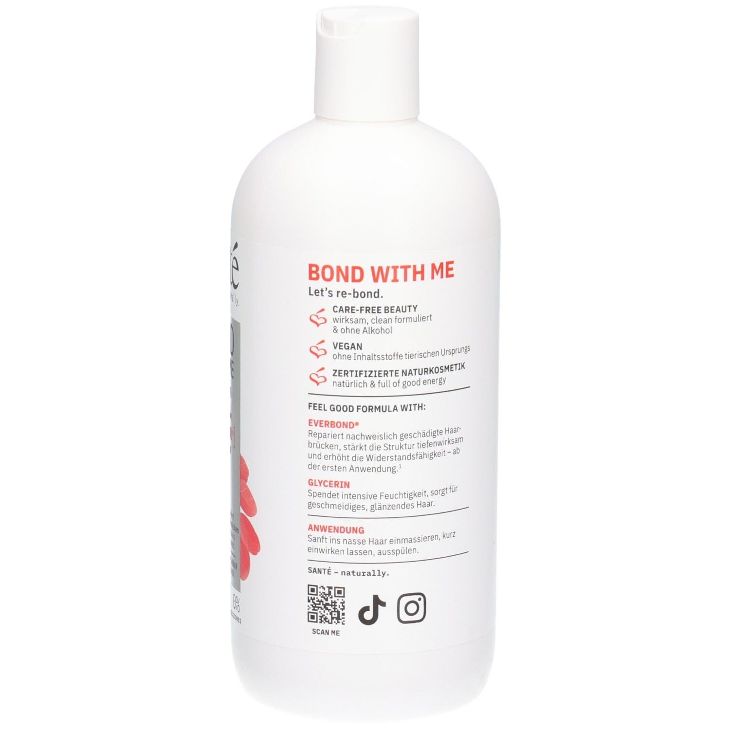 Weiße Flasche mit rotem Text, "BOND WITH ME" und "ZERTIFIZIERTE NATURKOSMETIK" Aufschrift.
