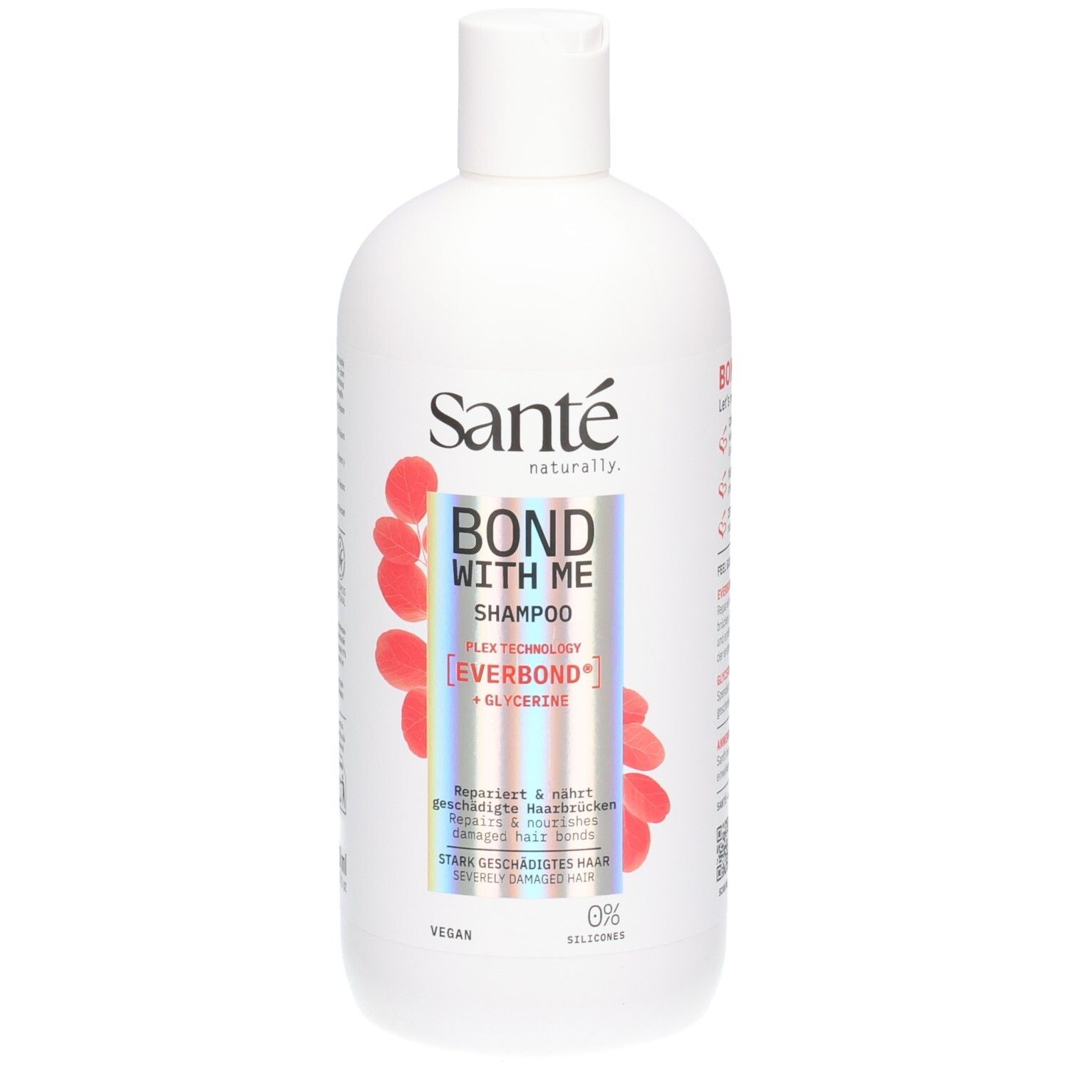 Weiße Flasche Sante Bond With Me Shampoo mit roten Akzenten. Enthält Plex Technology, Everbond und Glycerin.
