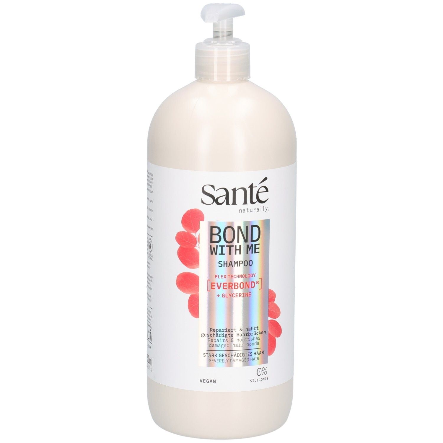 Beige Shampoo-Flasche mit Pumpe. Aufkleber mit Produktnamen, Marke und Inhaltsstoffen. Vegan, 0% Silikone.