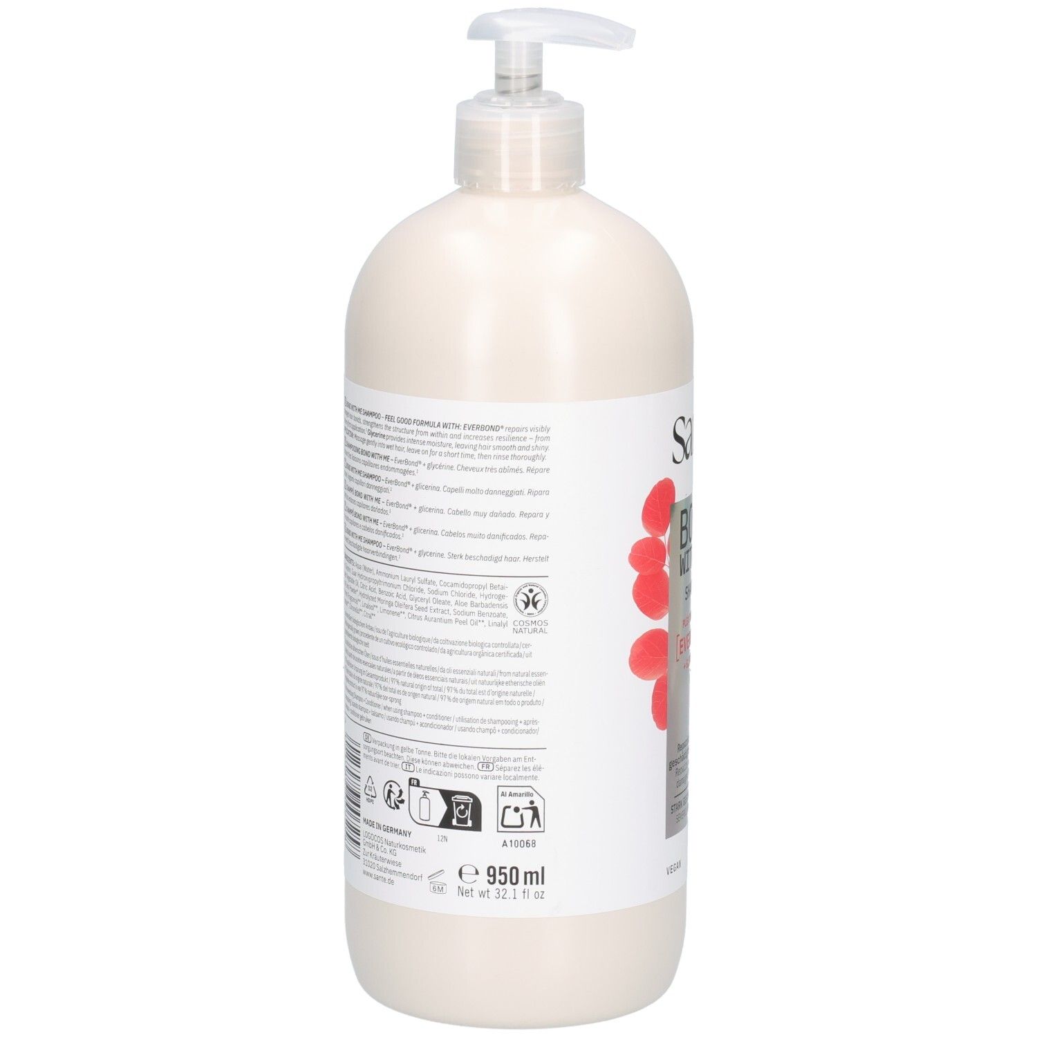 Rückseite der Shampoo-Flasche. Enthält Text über Inhaltsstoffe, Gebrauchsanweisung und Logos. 950 ml.
