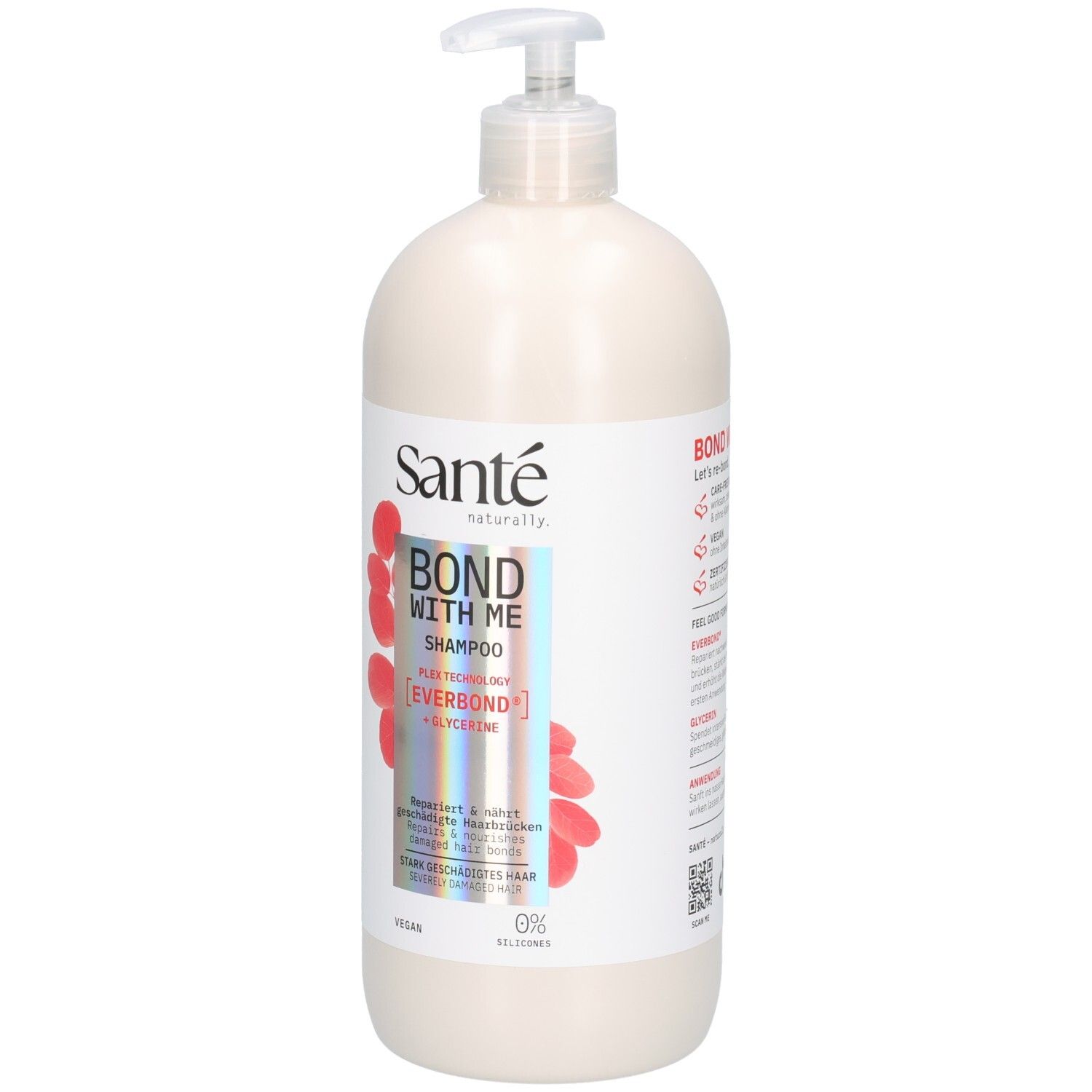 Beige Shampoo-Flasche mit Pumpe. Aufkleber mit Produktnamen, Marke und Inhaltsstoffen. Vegan, 0% Silikone.