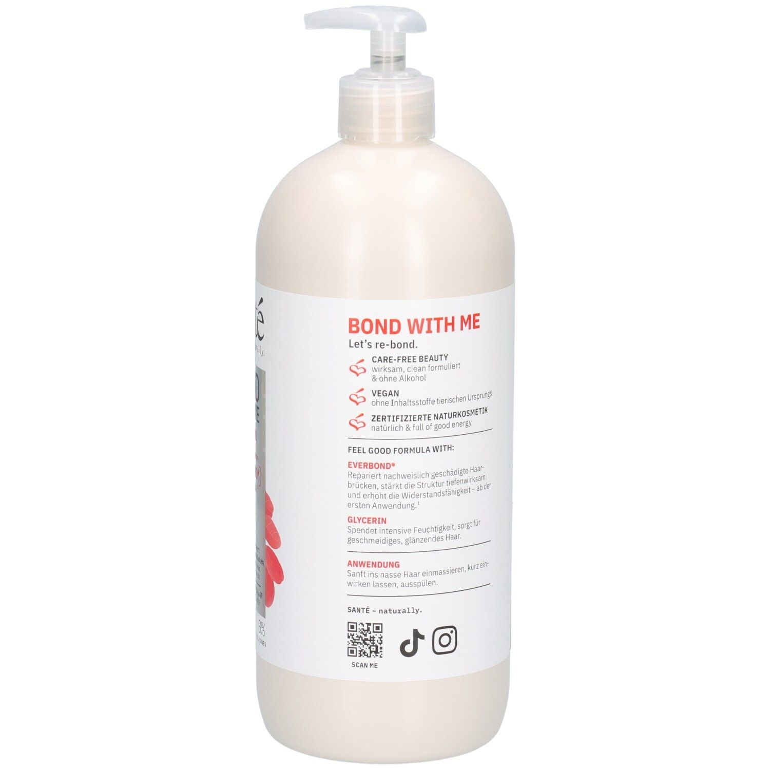 Rückseite der Shampoo-Flasche. Text mit Produktinformationen, Logos und QR-Code. Vegan, ohne Alkohol.