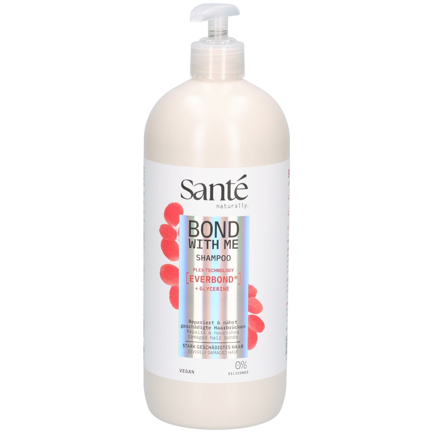Beige Shampoo-Flasche mit Pumpe. Aufkleber mit Produktnamen, Marke und Inhaltsstoffen. Vegan, 0% Silikone.