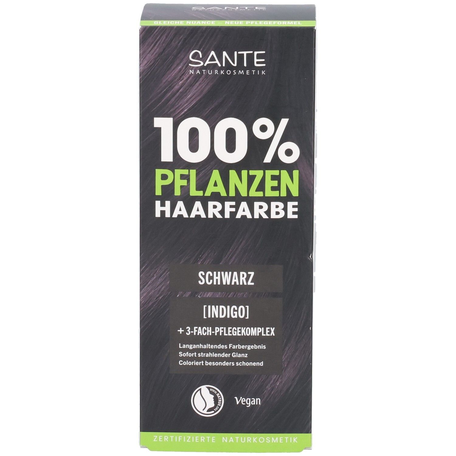 Avant de la boîte de teinture végétale SANTE Noir (Indigo) avec image du produit.