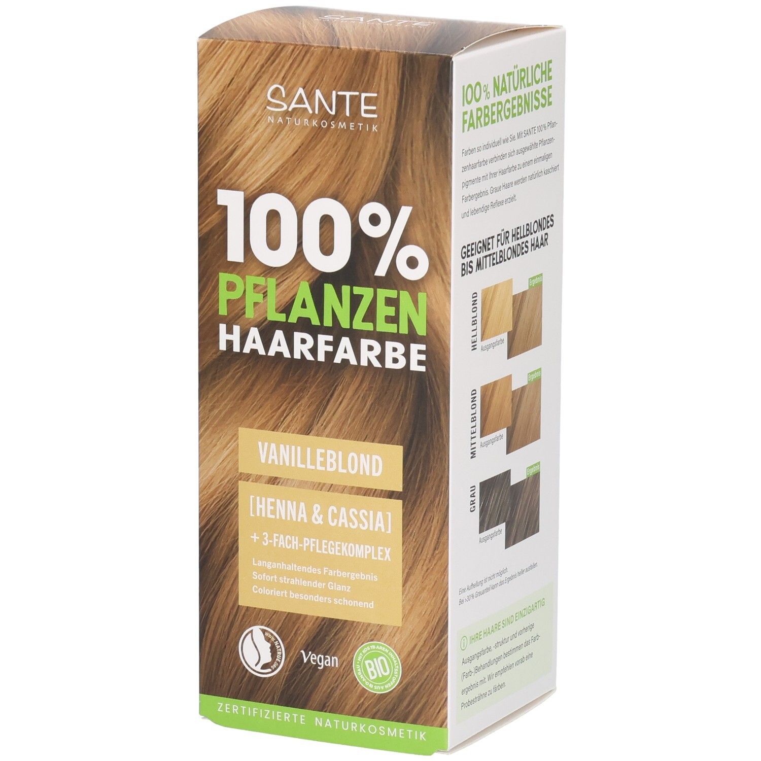 Emballage SANTE Coloration Végétale Vanilleblond 01, résultats couleur 100% naturels, vegan, bio.