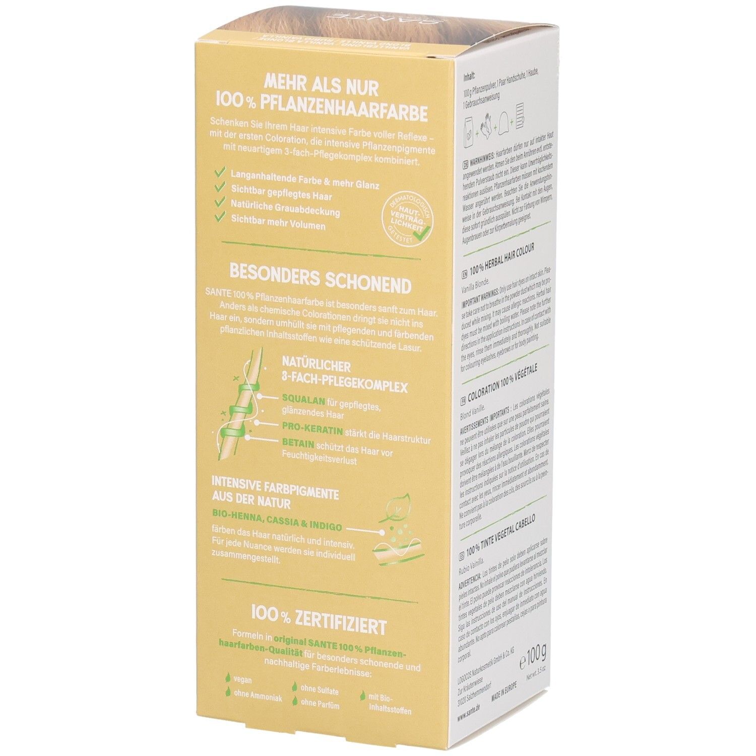 Côté emballage SANTE Coloration Végétale Vanilleblond 01, particulièrement doux, complexe soin 3x.