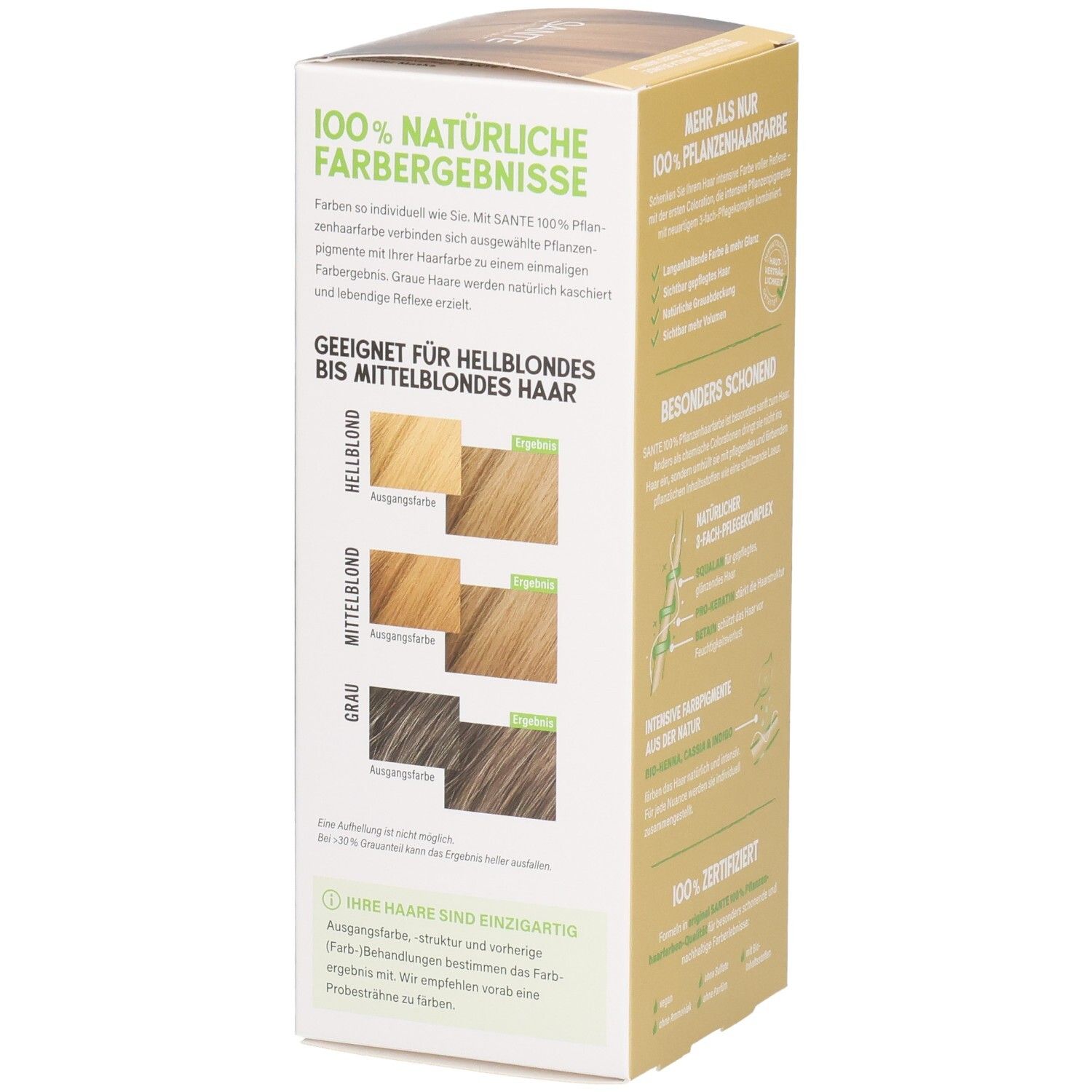 Côté emballage SANTE Coloration Végétale Vanilleblond 01, résultats couleur pour cheveux blonds clairs à moyens.