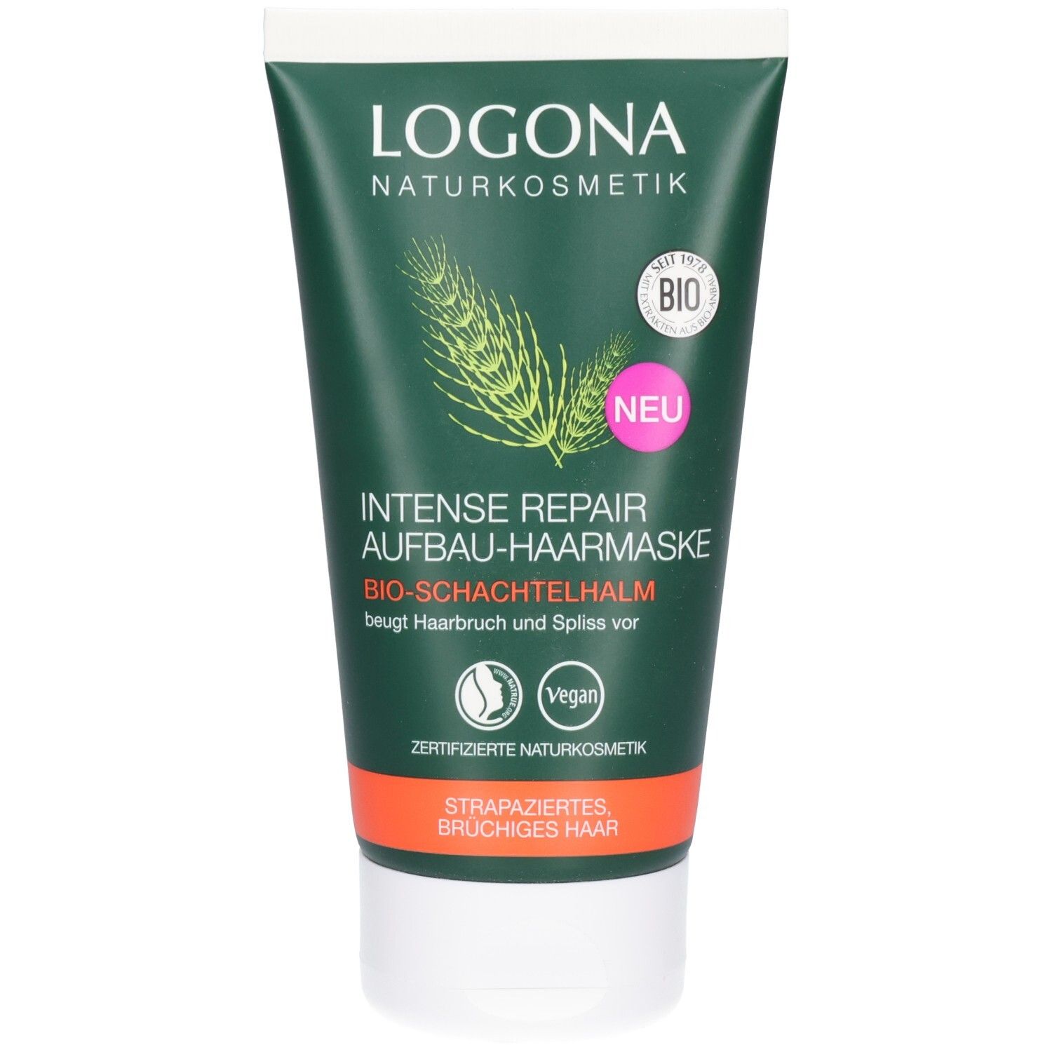 Grüne Tube Logona Intensiv Aufbau Haarmaske mit Bio-Schachtelhalm, vegan und zertifizierte Naturkosmetik.
