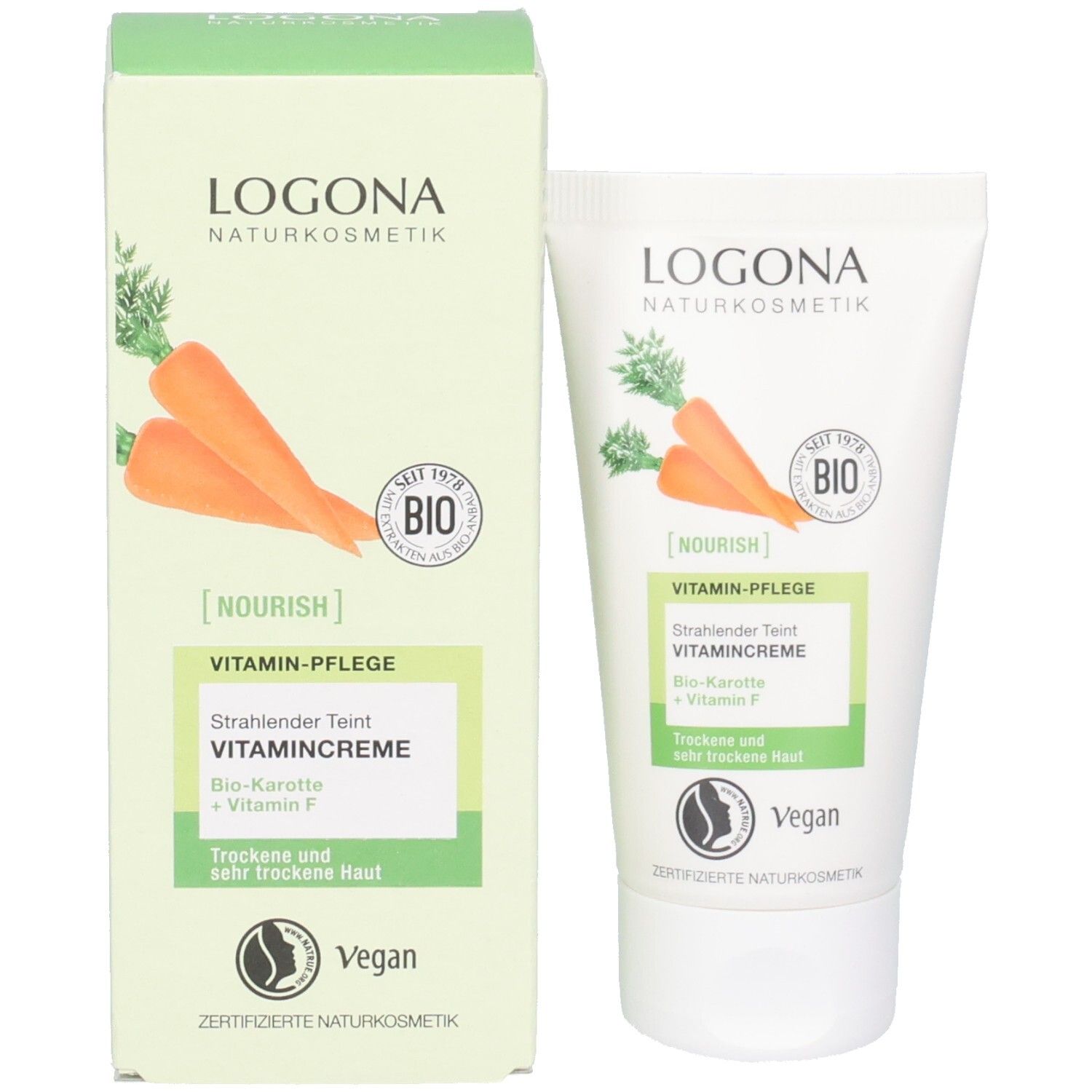 LOGONA Vitamincreme mit Karotte und Vitamin F, neben der Verpackungsbox.