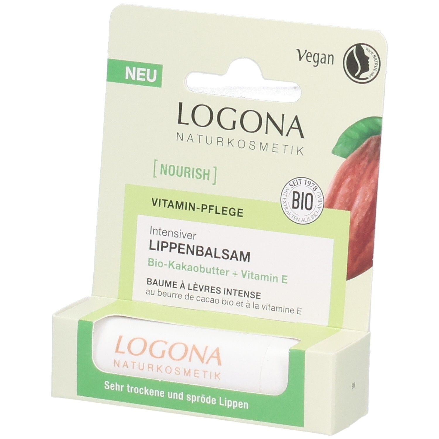 Emballage avec baume à lèvres intense LOGONA, beurre de cacao bio + vitamine E.