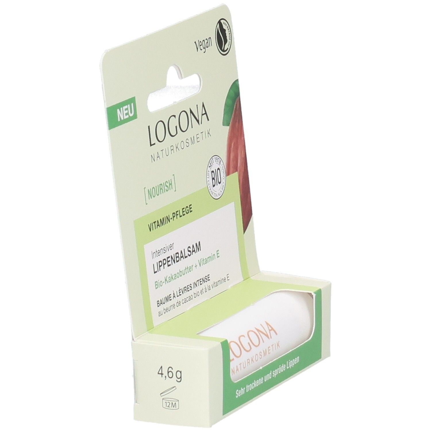 Emballage avec baume à lèvres intense LOGONA, 4,6g, beurre de cacao bio + vitamine E.