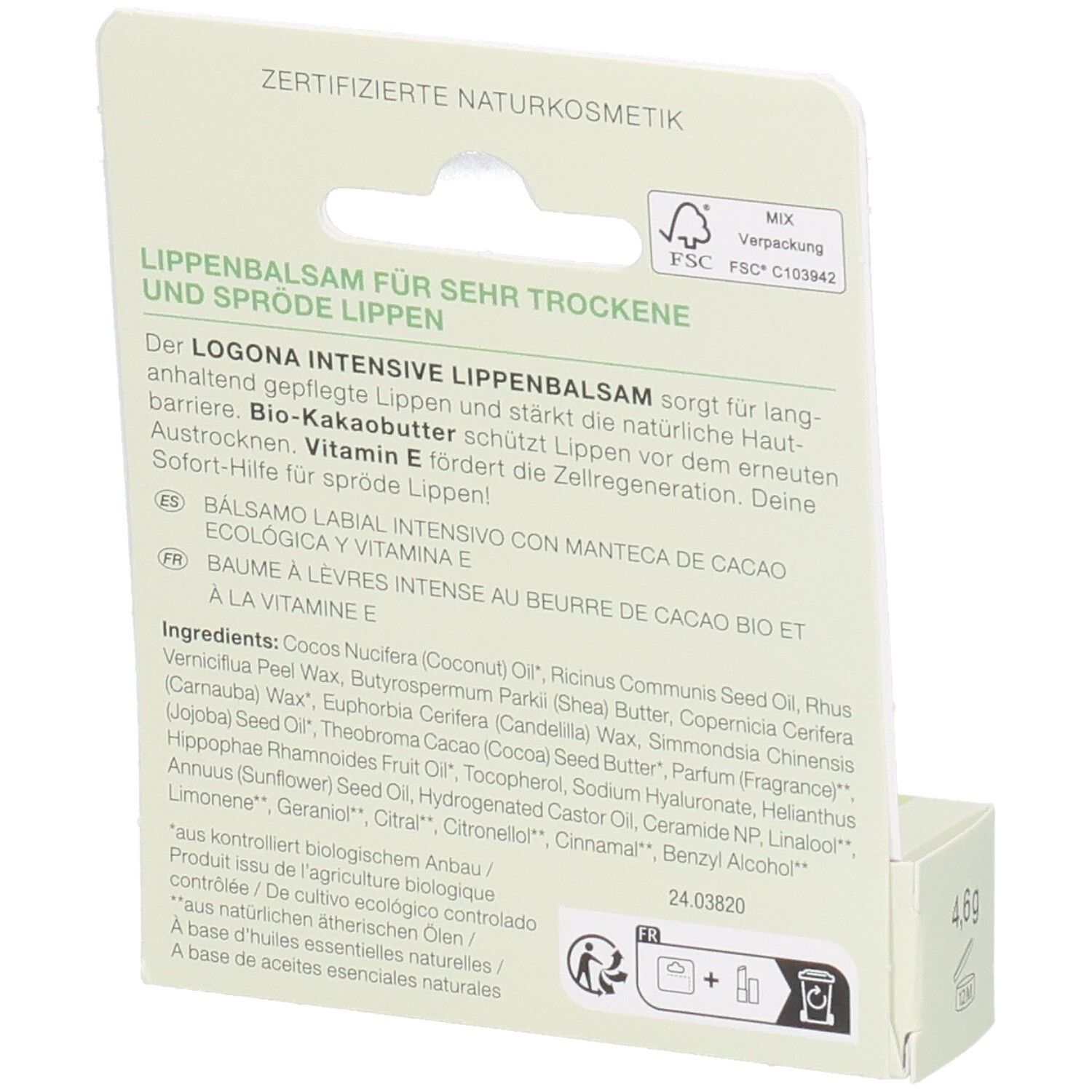 Arrière de l'emballage avec baume à lèvres intense LOGONA, ingrédients et sceaux.