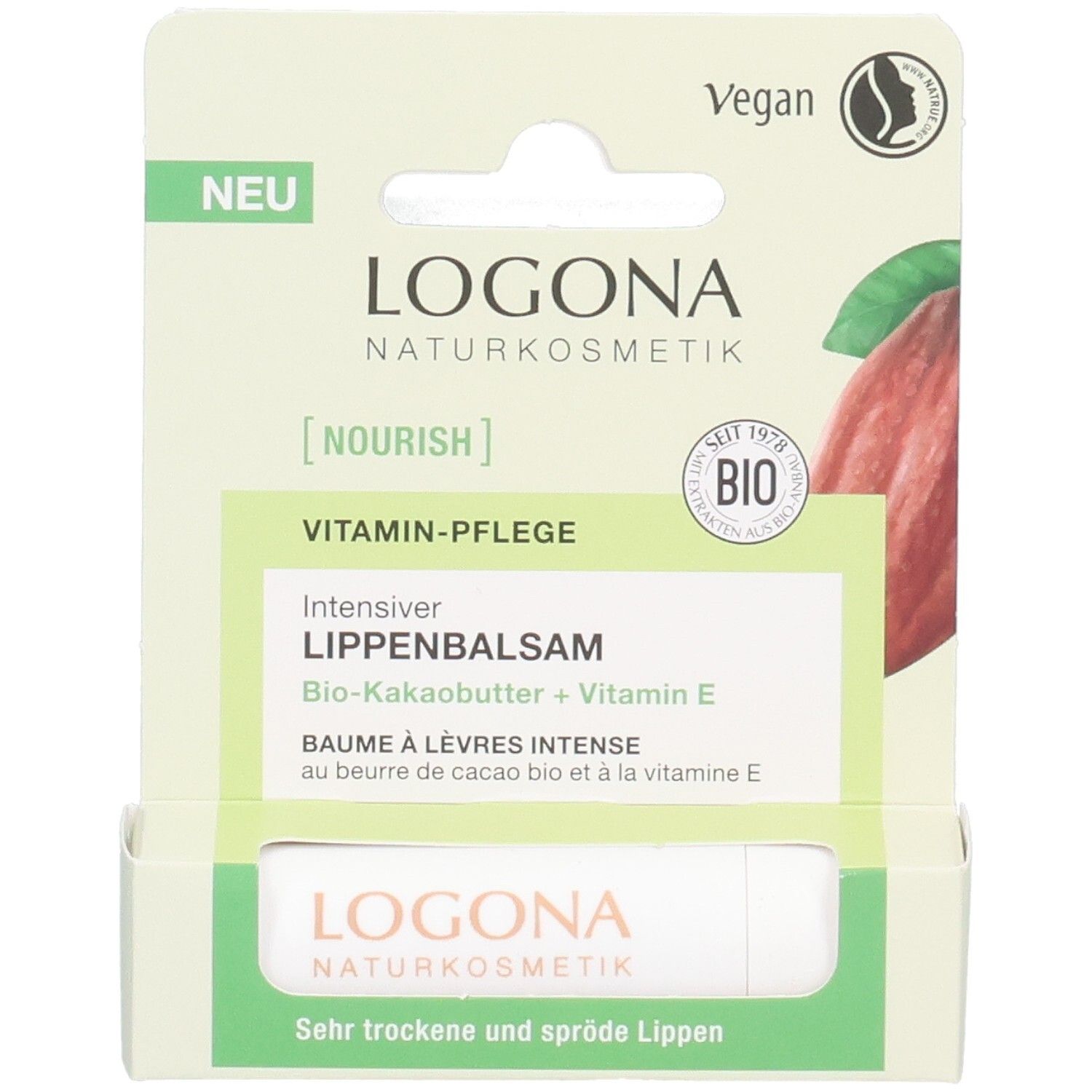 Emballage avec baume à lèvres intense LOGONA, beurre de cacao bio + vitamine E, vegan.