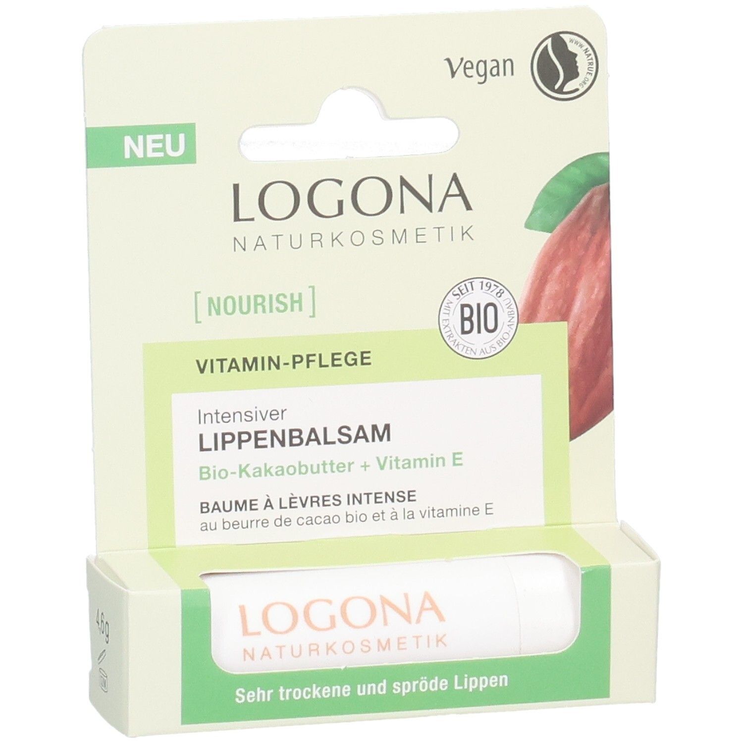 Emballage avec baume à lèvres intense LOGONA, beurre de cacao bio + vitamine E, vegan.
