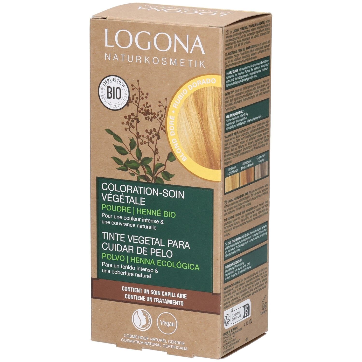 Boîte de Logona Pflanzenhaarfarbe Pulver Goldblond Bio. Image du produit et texte. Labels Bio et Vegan.