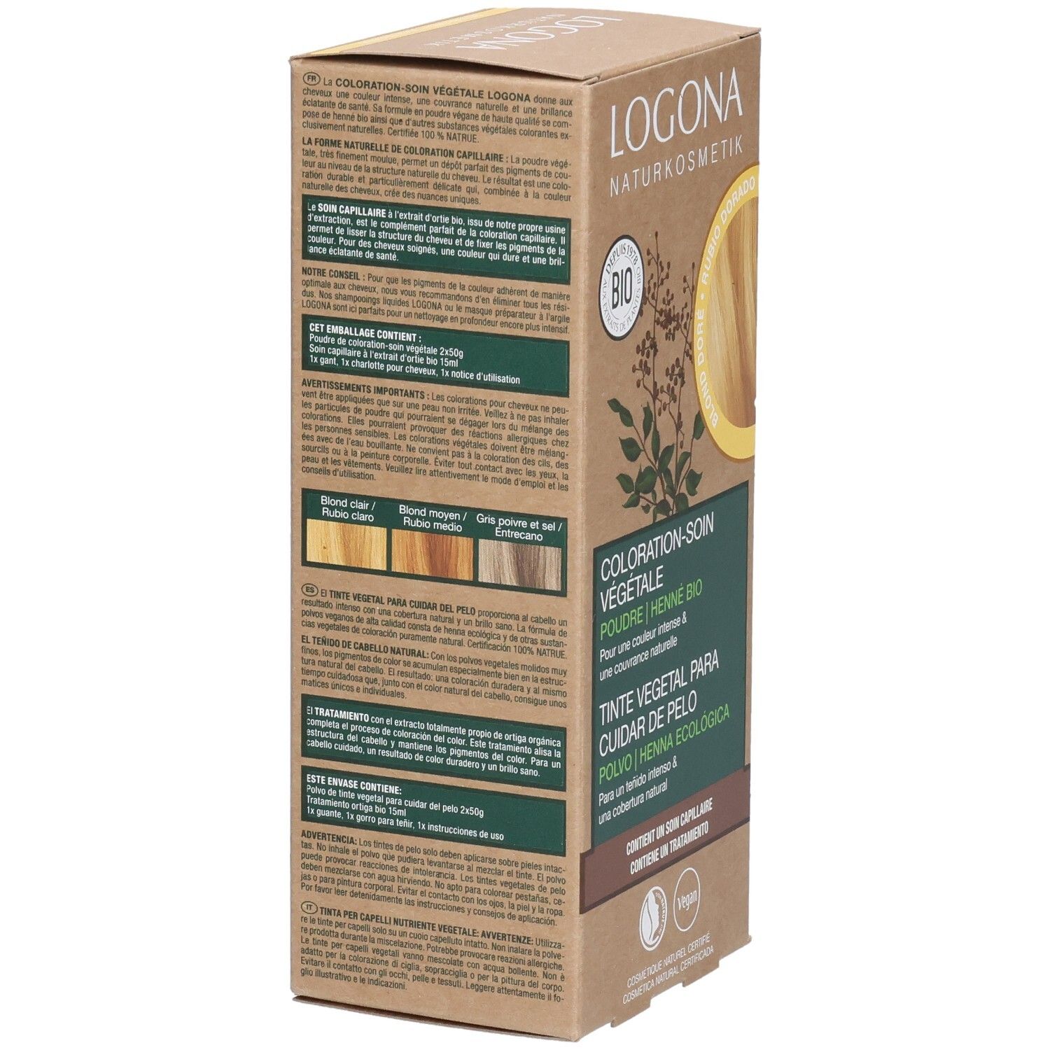 Dos de la boîte Logona Pflanzenhaarfarbe Pulver Goldblond Bio. Texte multilingue. Label Bio.