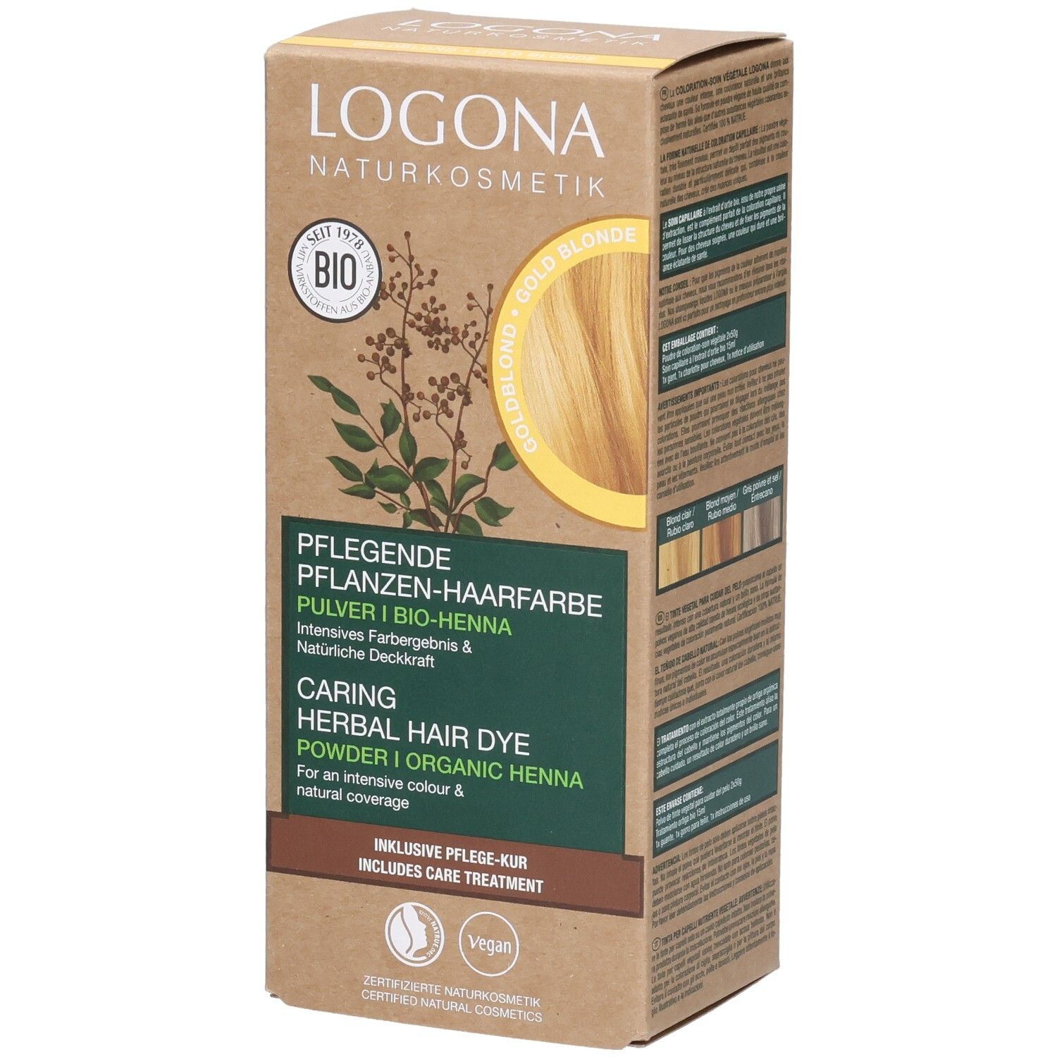 Boîte de Logona Pflanzenhaarfarbe Pulver Goldblond Bio. Image du produit et texte. Labels Bio et Vegan.