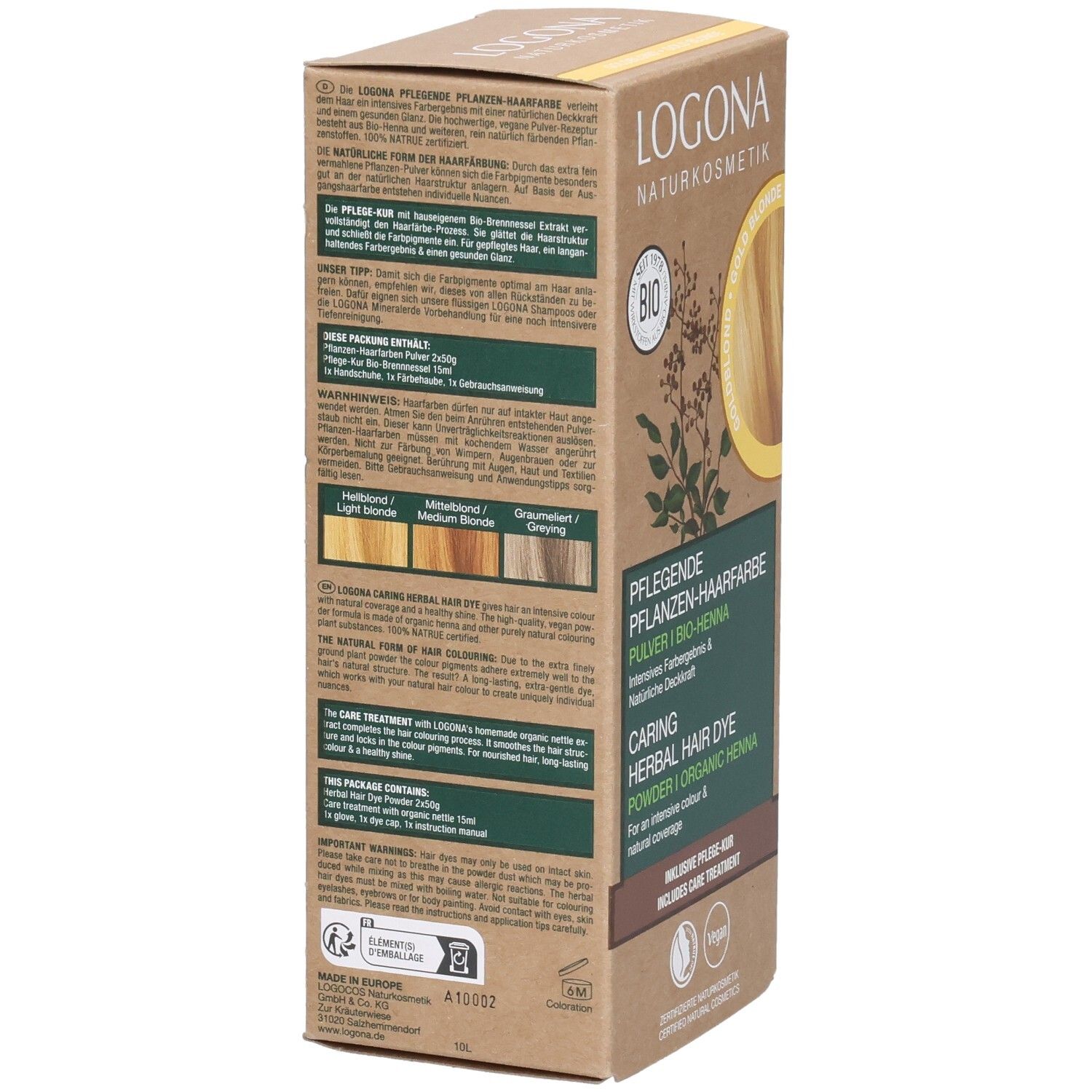 Dos de la boîte Logona Pflanzenhaarfarbe Pulver Goldblond Bio. Texte multilingue. Label Bio.