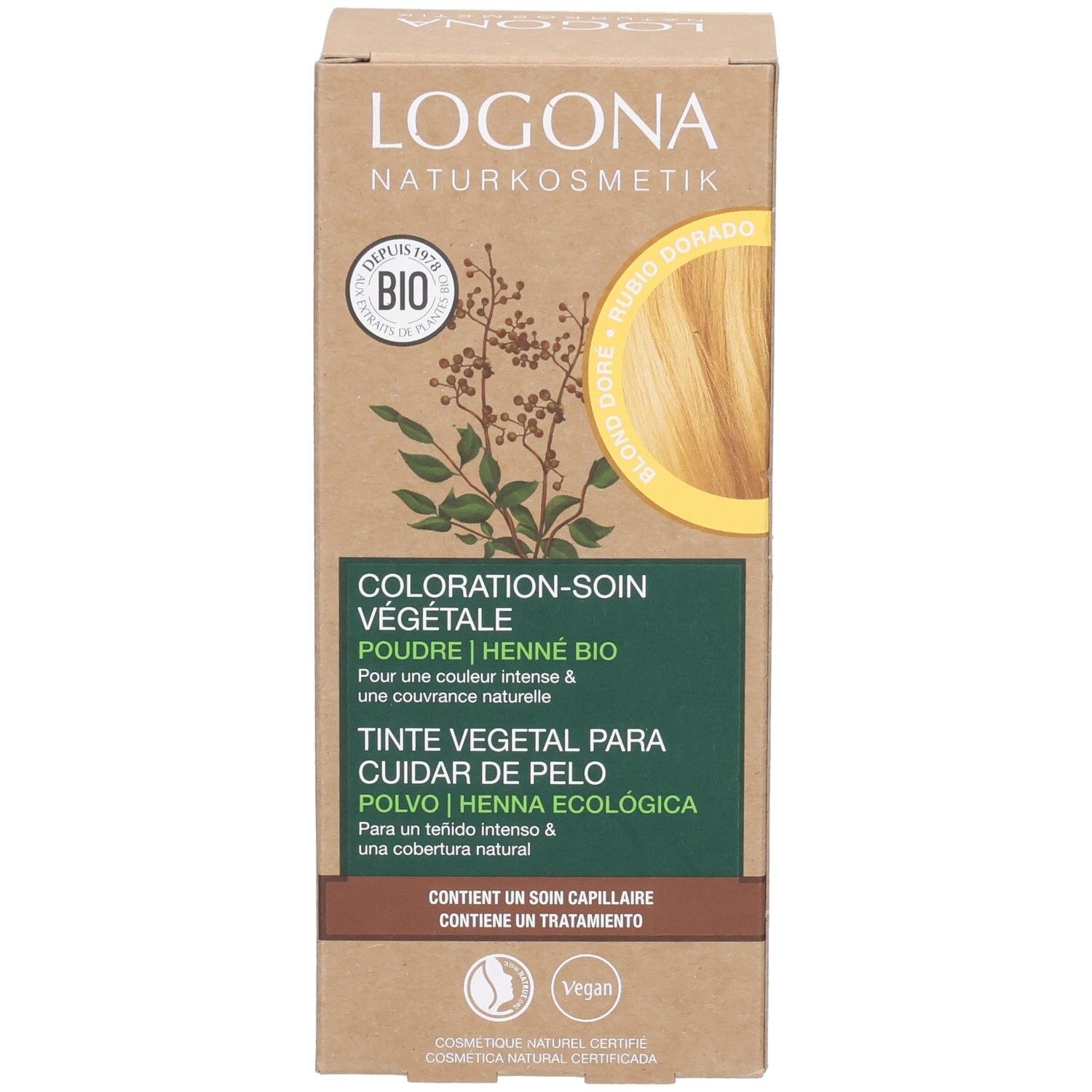 Boîte de Logona Pflanzenhaarfarbe Pulver Goldblond Bio. Image du produit et texte. Labels Bio et Vegan.
