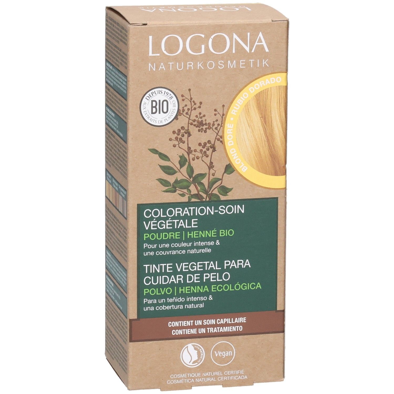 Boîte de Logona Pflanzenhaarfarbe Pulver Goldblond Bio. Image du produit et texte. Labels Bio et Vegan.