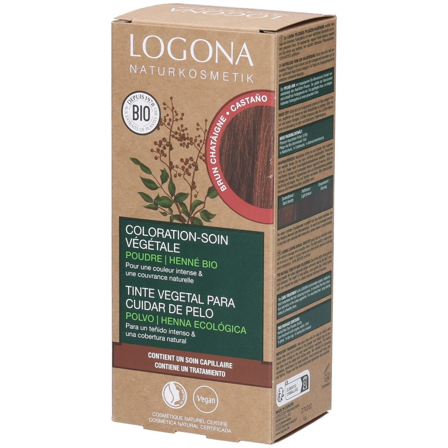Boîte en carton avec informations produit. Logo et nom visibles. Certification bio. Coloration châtain.