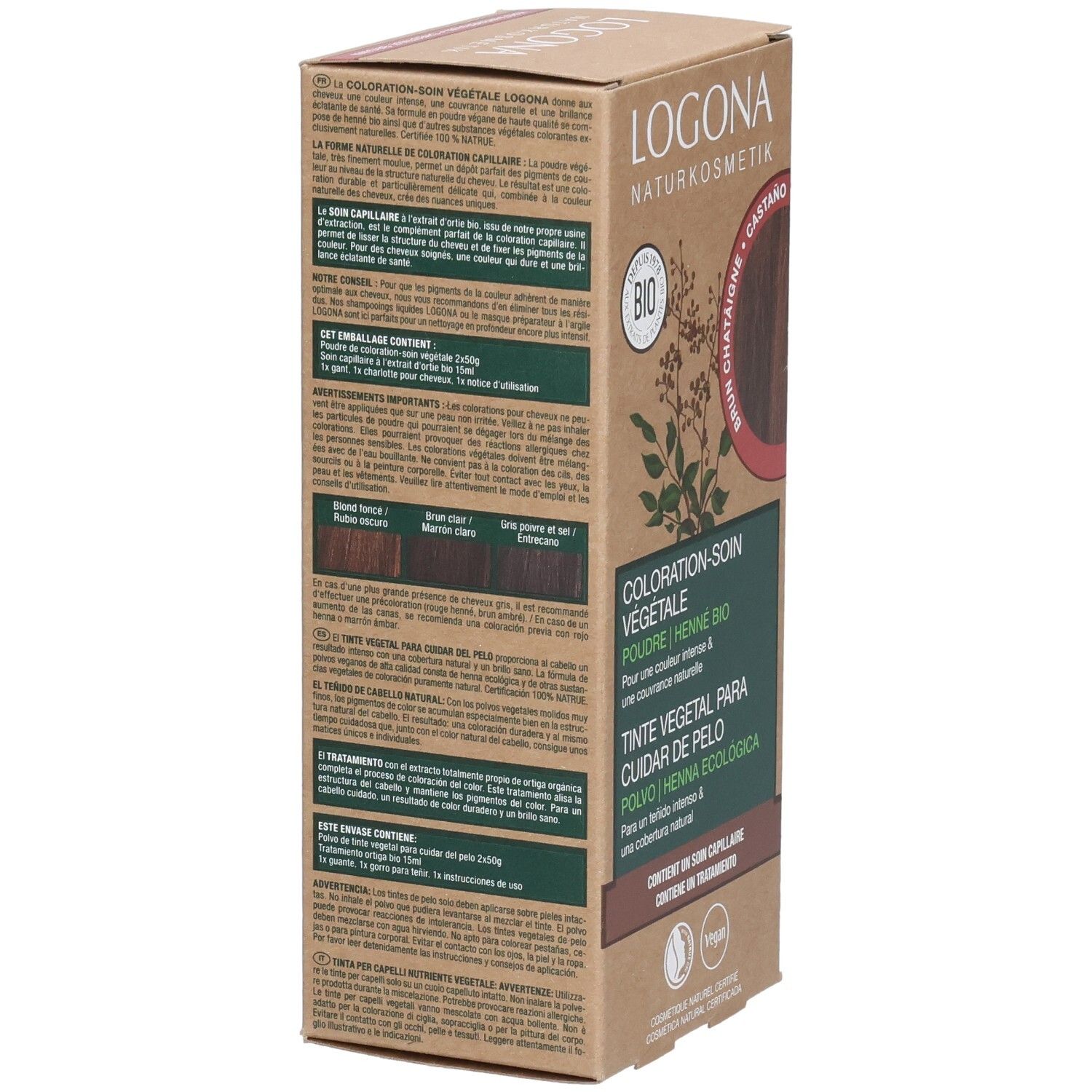 Boîte en carton, vue latérale. Informations textuelles en plusieurs langues. Logo et label bio.