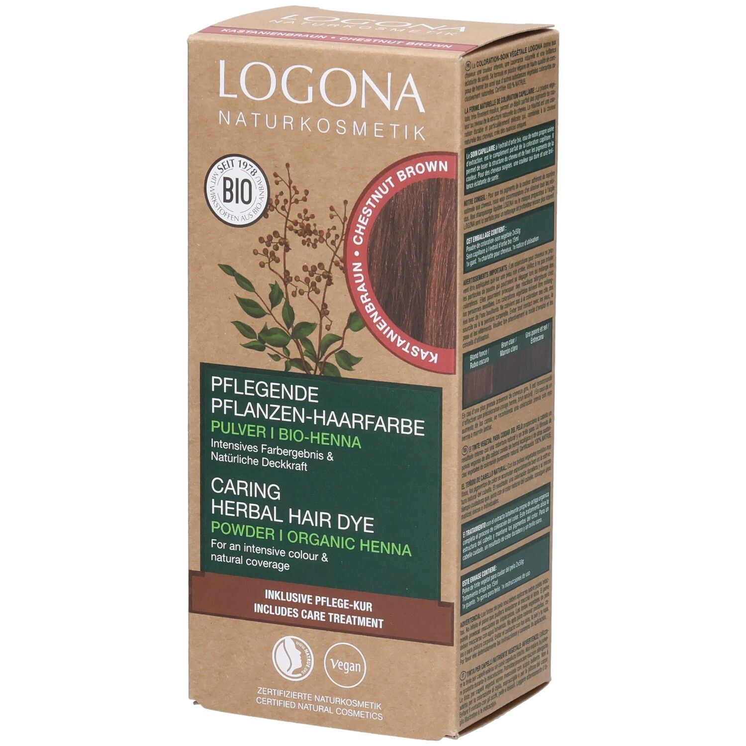 Boîte en carton avec informations produit. Logo et nom visibles. Certification bio. Coloration châtain.