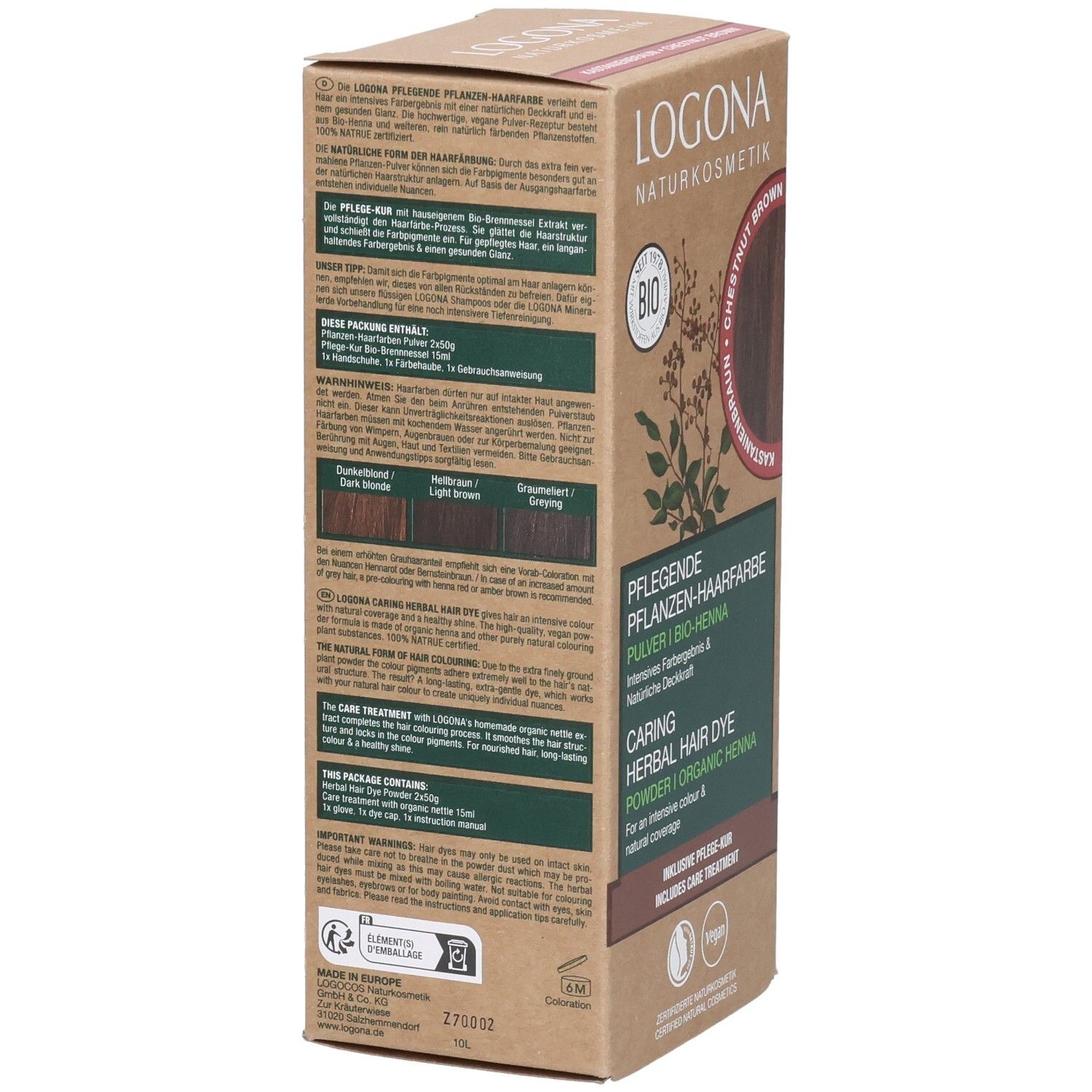 Boîte en carton, vue latérale. Informations textuelles en plusieurs langues. Logo et label bio.