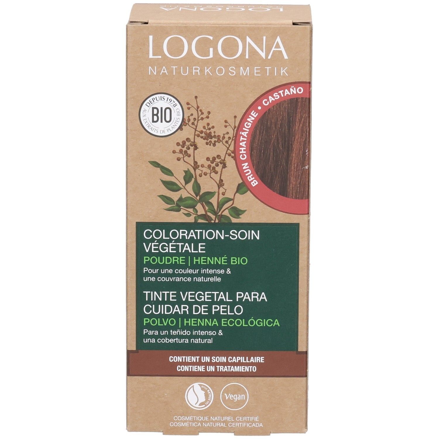 Boîte en carton avec informations produit. Logo et nom visibles. Certification bio. Coloration châtain.