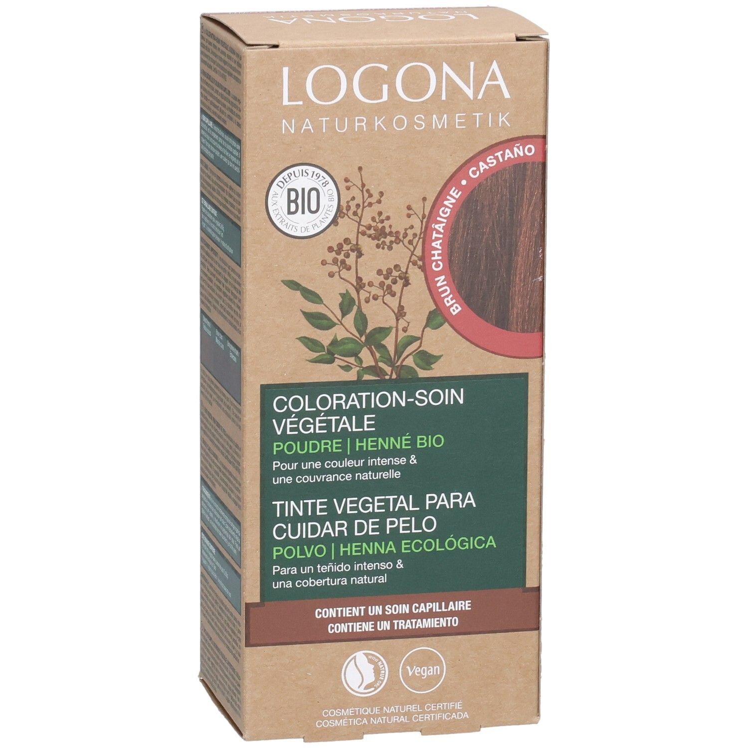 Boîte en carton avec informations produit. Logo et nom visibles. Certification bio. Coloration châtain.