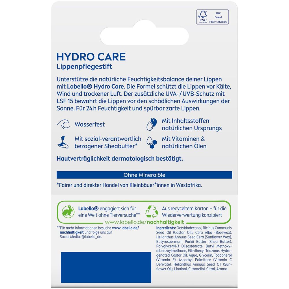 Rückseite der Labello Hydro Care Verpackung mit Produktinformationen, Inhaltsstoffen und Nachhaltigkeitssiegeln.