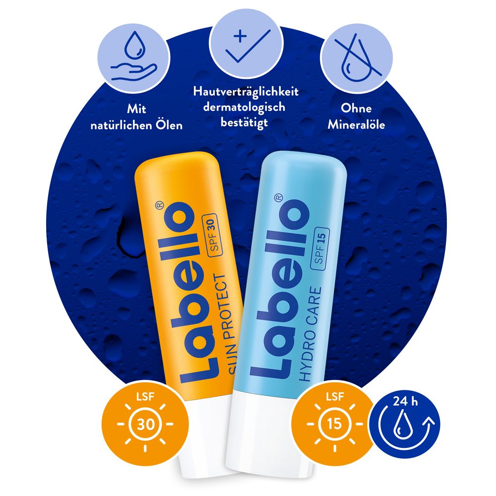 Zwei Labello Lippenbalsame: Hydro Care (LSF 15) und Sun Protect (LSF 30) auf blauem Hintergrund mit Icons.