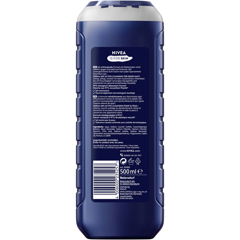 Dunkelblaue Nivea Duschgel-Flasche mit weißem Verschluss. Rückseite mit Produktinformationen und Barcode. 500 ml.