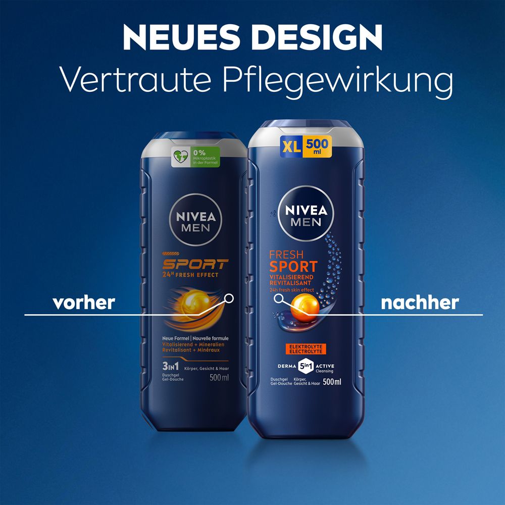 Zwei NIVEA MEN SPORT Duschgelflaschen, links 'vorher', rechts 'nachher'. Beide 500ml.