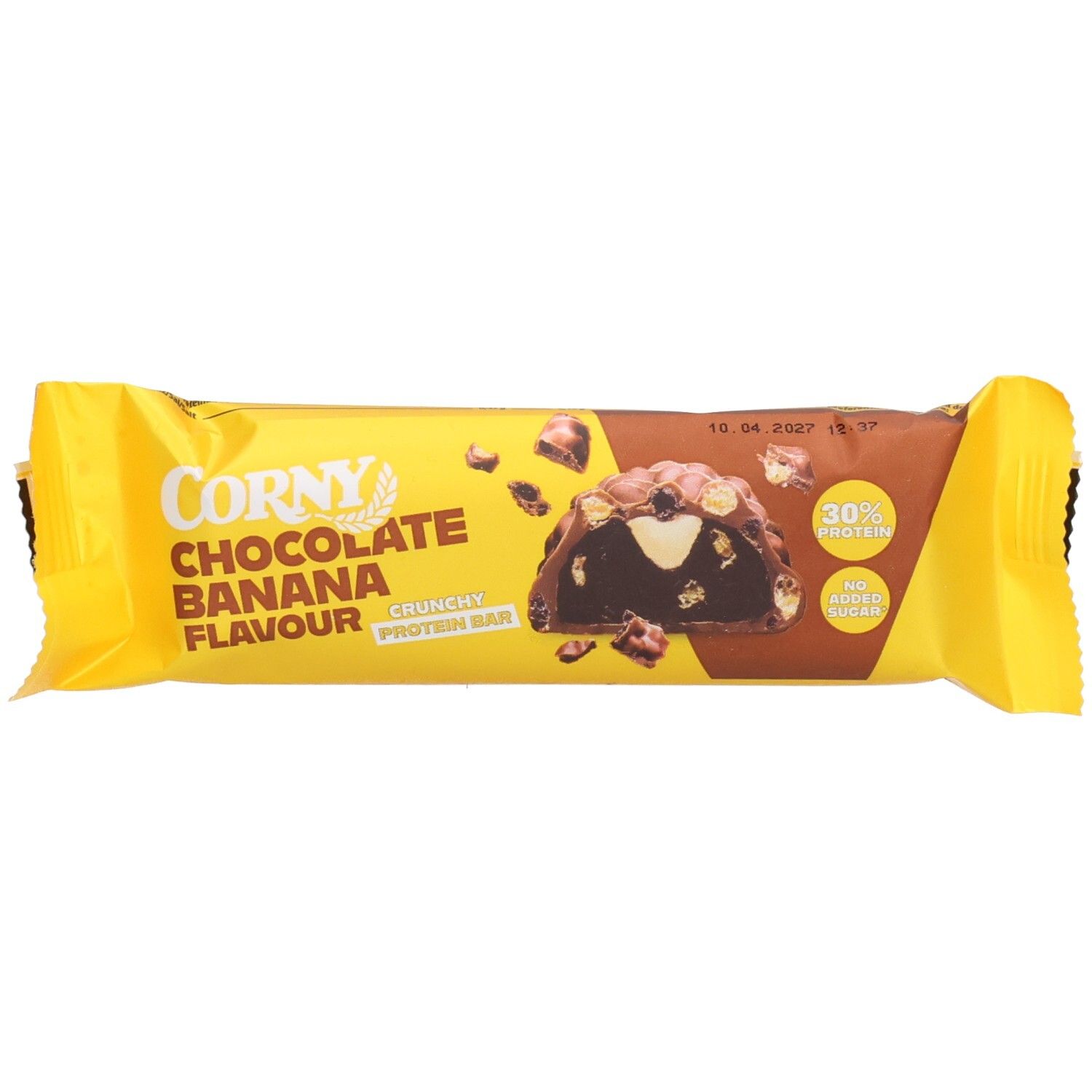 Gelb-braune Proteinriegel-Verpackung. Aufschrift: Corny Chocolate Banana Flavour. 30% Protein, ohne Zuckerzusatz. Riegel angeschnitten.