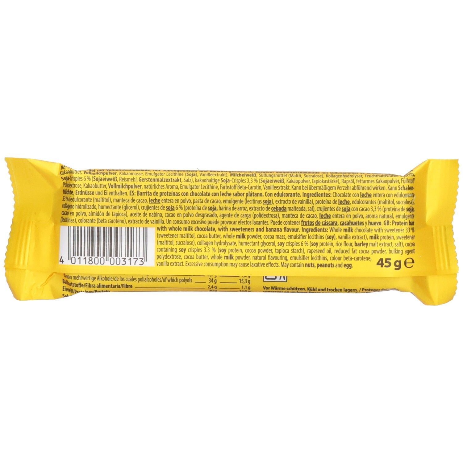 Rückseite der Proteinriegel-Verpackung. Gelber Hintergrund, Text in mehreren Sprachen. Barcode und Gewichtsangabe: 45 g.