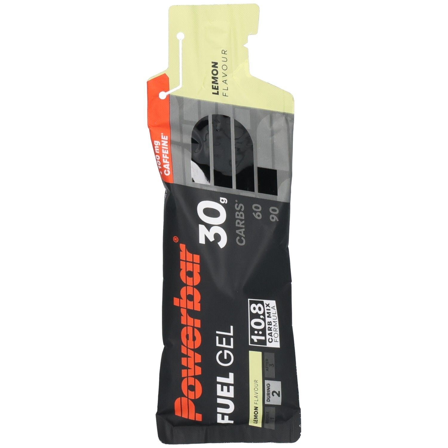 Powerbar Fuel Gel mit 30g Kohlenhydraten und 100mg Koffein, Lemon Geschmack.