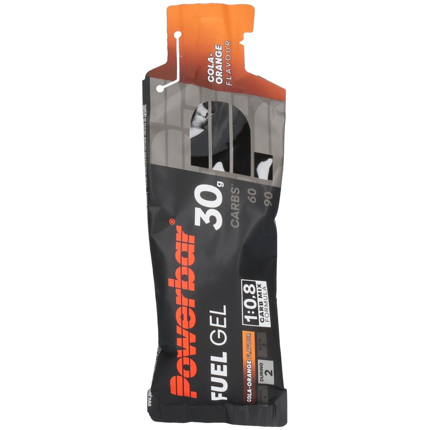 POWERBAR Fuel Gel: Saveur Cola-Orange, 30g de glucides. Emballage noir avec accent orange.